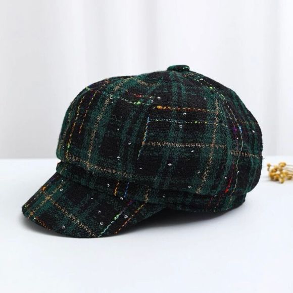Green Plaid pattern sequins decor baker boy hat - Picture 5 of 6